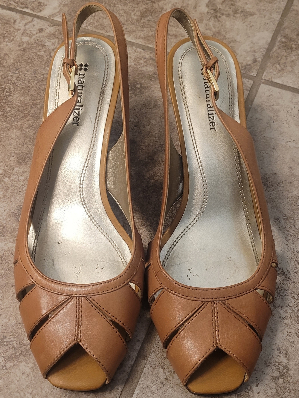 Naturalizer Women's Tan Leather Peep-Toe Slingback Heels